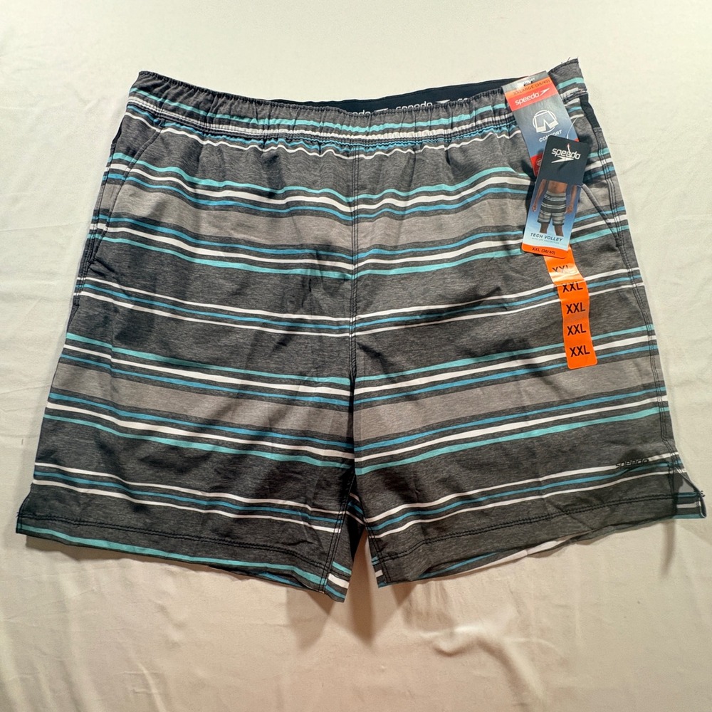 Speedo Tech Volley Swim Trunks Mens XXL Striped Gray Blue Board Shorts NWT